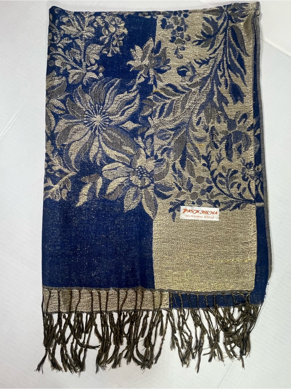 pashmina Navy and Gold Floral Jacquard Shawl with Fringe